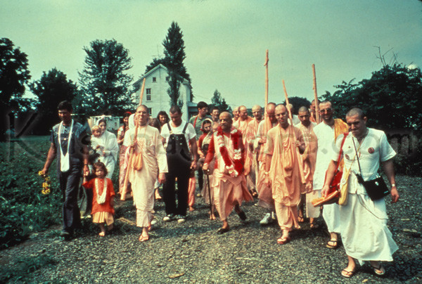 Srila Prabhupada Accompanied by Disciples on a Morning Walk at an ISKCON Farm in USA