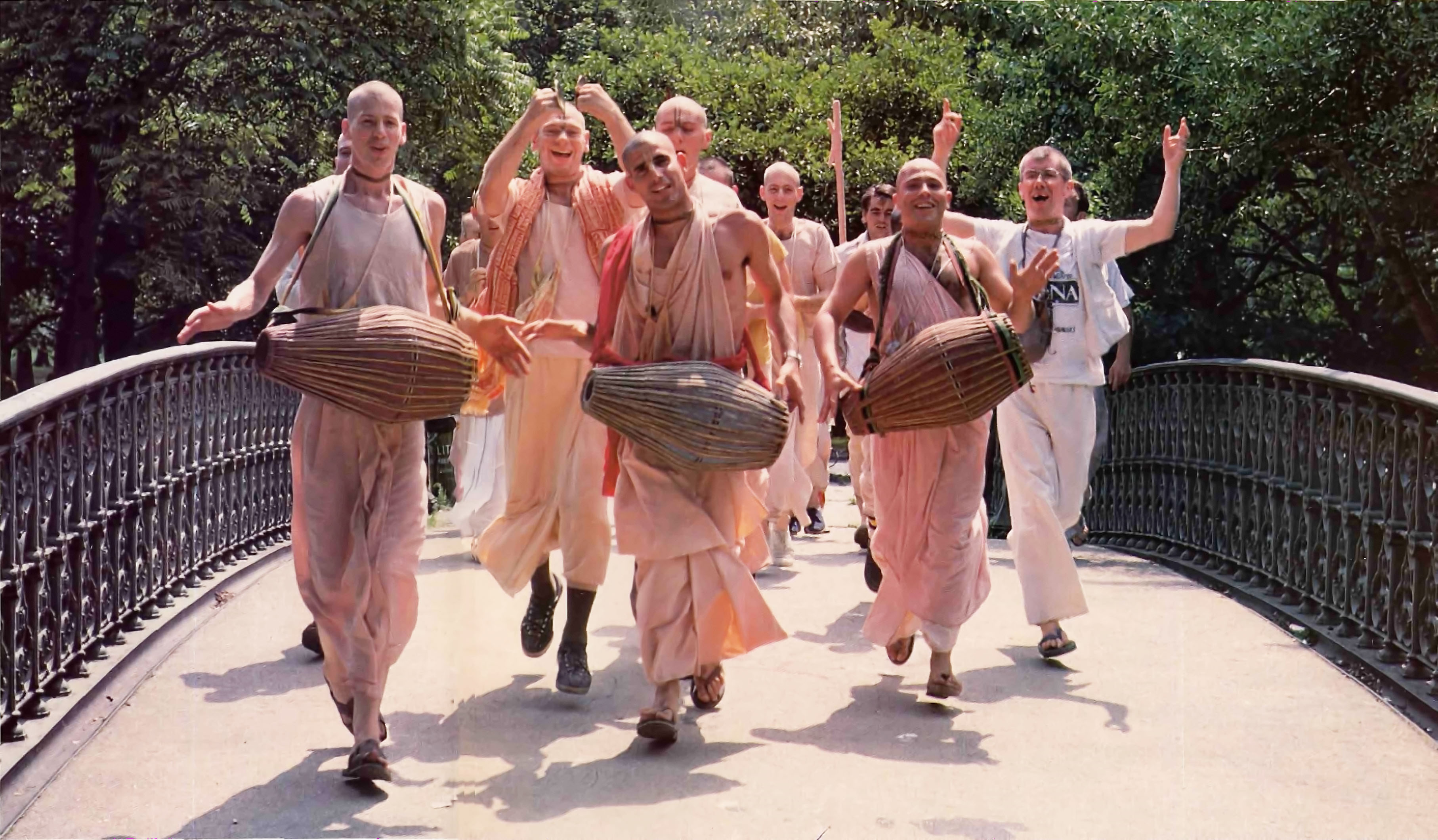 Hare-Krishna-Brahmacris-Chanting-Crossing-Bridge-in-Park